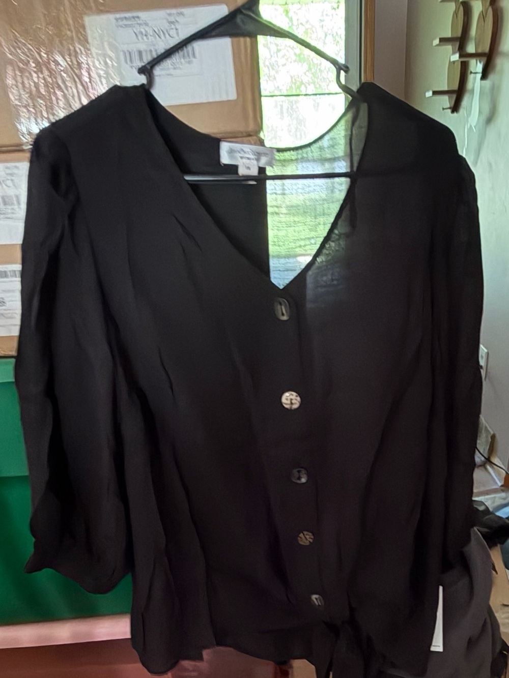 JohnPaulRichard Black V-Neck Button Front Tie-Hem Blouse